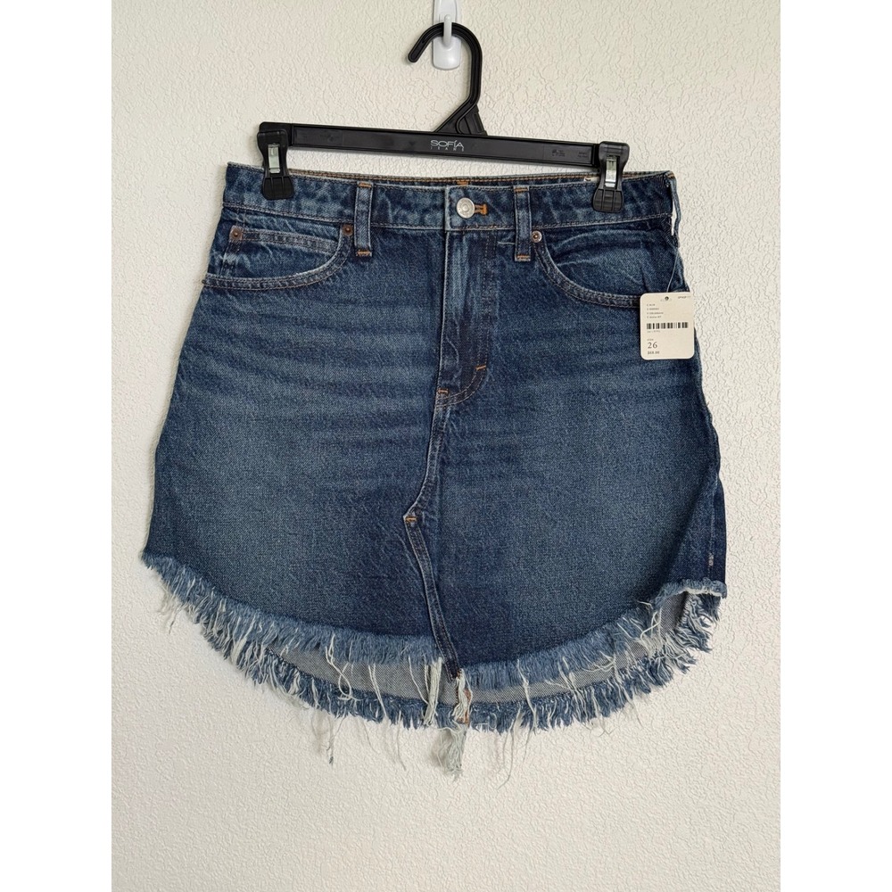 Free People We The Free Denim Mini Skirt Raw Fringe Tulip Hem Blue 26 OB1006434